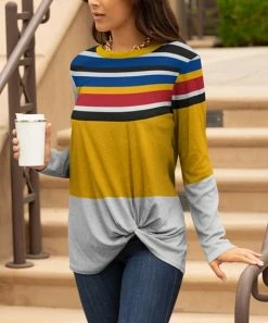 Lily | Yellow & White Color Block Stripe Twist-Accent Long-Sleeve Tunic - Women