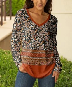 Lily | Rust & Black Paisley Border V-Neck Tunic - Women