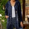 Lily | Navy & White Hand-Drawn Tree Velvet Pocket Hooded Cardigan - Women