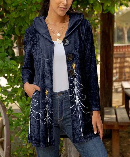 Lily | Navy & White Hand-Drawn Tree Velvet Pocket Hooded Cardigan - Women 1 Lily | Navy & White Hand-Drawn Tree Velvet Pocket Hooded Cardigan - Women