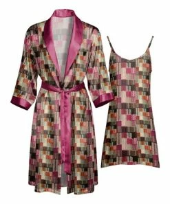 Lily | Pink & Rust Cube Spaghetti Strap Nightgown & Robe - Women
