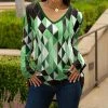 Lily | Green & Gray Geometric Long-Sleeve V-Neck Tunic - Plus