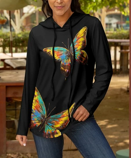 Lily | Black & Yellow Butterfly Long-Sleeve Hoodie - Plus 1 Lily | Black & Yellow Butterfly Long-Sleeve Hoodie - Plus