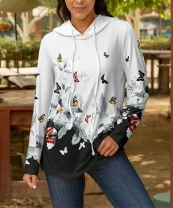Lily | White & Black Floral Butterfly Long-Sleeve Hoodie - Women & Plus