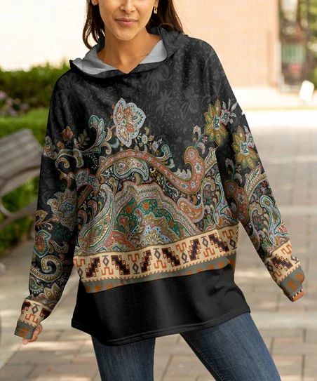 Lily | Black & Beige Paisley Pullover Hoodie - Plus 1 Lily | Black & Beige Paisley Pullover Hoodie - Plus