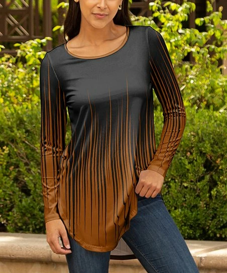 Lily | Black & Brown Abstract Ombré Crewneck Tunic - Women 1 Lily | Black & Brown Abstract Ombré Crewneck Tunic - Women