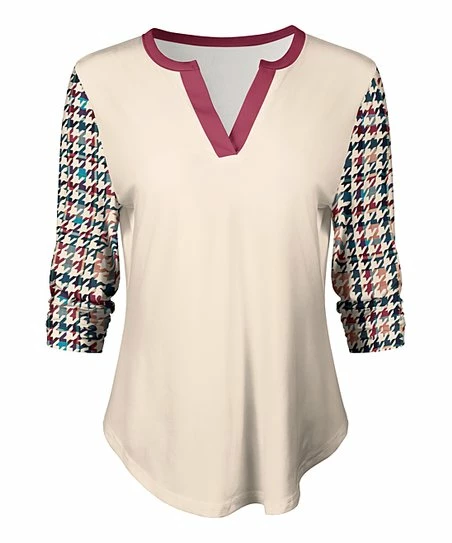 Lily | Beige & Fuchsia Houndstooth Notch-Neck Top - Plus 1 Lily | Beige & Fuchsia Houndstooth Notch-Neck Top - Plus