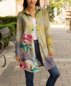 Lily | Yellow & Gray Floral Collared Button-Up Longline Shacket - Women & Plus