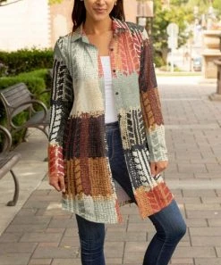 Lily | Rust & Gray Abstract Collared Button-Up Longline Shacket - Women