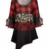 Lily | Red & Black Check Leopard Tie-Sleeve Asymmetrical Tunic - Plus