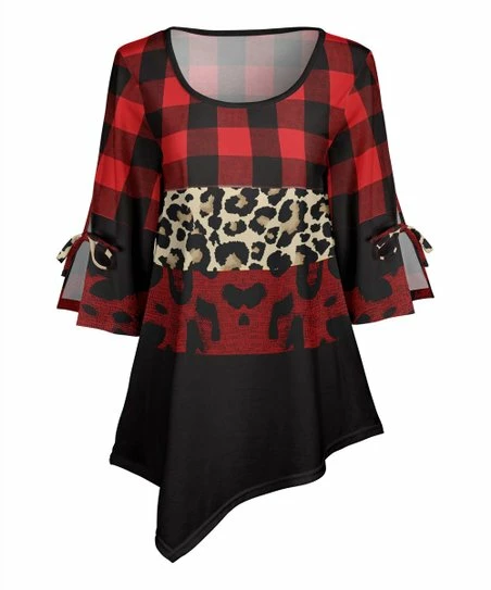 Lily | Red & Black Check Leopard Tie-Sleeve Asymmetrical Tunic - Plus 1 Lily | Red & Black Check Leopard Tie-Sleeve Asymmetrical Tunic - Plus