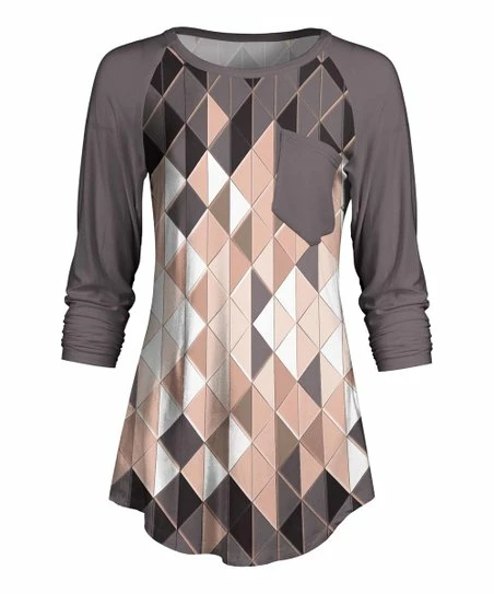 Lily | Pink & Gray Geometric Pocket Long-Sleeve Tunic - Women 1 Lily | Pink & Gray Geometric Pocket Long-Sleeve Tunic - Women