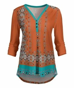 Lily | Orange & Turquoise Geometric Button-Accent V-Neck Tunic - Women & Plus