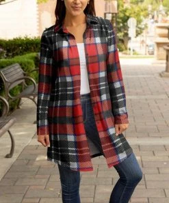 Lily | Black & Red Plaid Collared Button-Up Longline Shacket - Women & Plus
