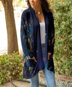 Lily | Navy & Beige Abstract Pocket Open Cardigan - Plus