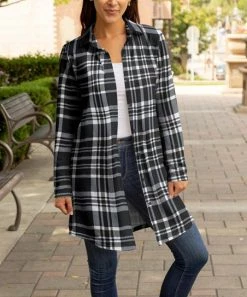 Lily | Black & White Plaid Collared Button-Up Longline Shacket - Plus