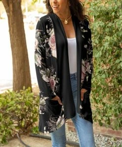 Lily | Black & Pink Floral Pocket Open Cardigan - Women & Plus