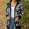 Lily | Black & White Floral Pocket Snap-Button Cardigan - Plus