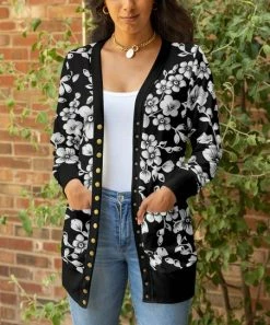 Lily | Black & White Floral Pocket Snap-Button Cardigan - Plus