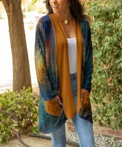 Lily | Navy & Rust Abstract Pocket Open Cardigan - Plus