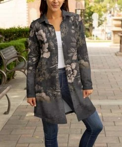 Lily | Gray & Beige Floral Collared Button-Up Longline Shacket - Plus