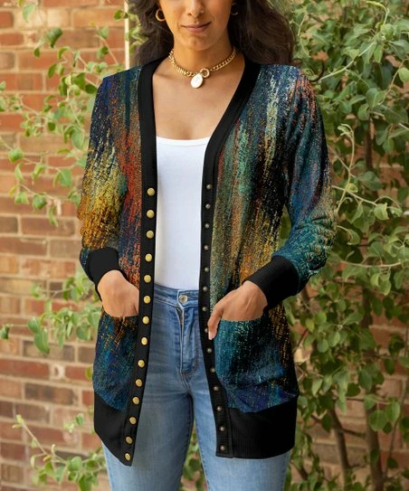 Lily | Navy Abstract Pocket Snap-Button Cardigan - Plus 1 Lily | Navy Abstract Pocket Snap-Button Cardigan - Plus