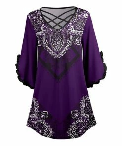 Lily | Purple & White Mandala Ruffle-Accent Strappy V-Neck Tunic - Women & Plus