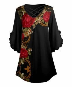 Lily | Black & Red Floral Ruffle-Accent Strappy V-Neck Tunic - Women & Plus