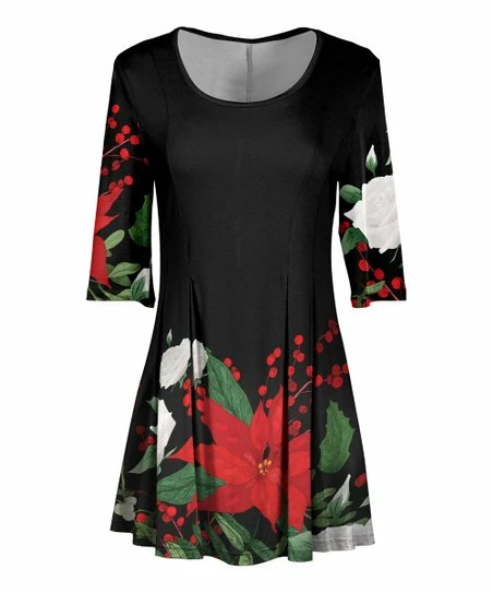 Lily | Black & Red Floral Pleated Scoop Neck Tunic - Plus 1 Lily | Black & Red Floral Pleated Scoop Neck Tunic - Plus