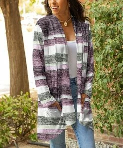 Lily | Pink & White Heather Stripe Pocket Open Cardigan - Women & Plus