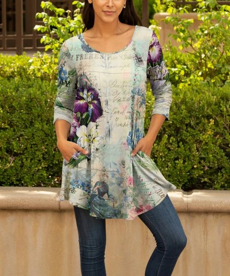 Lily | Cream & Purple Floral Three-Quarter Sleeve Scoop Neck Tunic - Women & Plus 1 Lily | Cream & Purple Floral Three-Quarter Sleeve Scoop Neck Tunic - Women & Plus