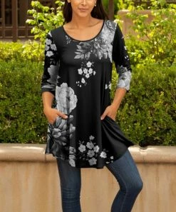 Lily | Black & Gray Floral Three-Quarter Sleeve Scoop Neck Tunic - Women & Plus
