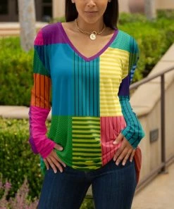 Lily | Teal & Yellow Color Block Long-Sleeve V-Neck Tunic - Plus