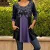 Lily | Black & Purple Floral Three-Quarter Sleeve Scoop Neck Tunic - Women & Plus