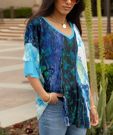 Lily | Navy & Blue Abstract Ruffle-Sleeve V-Neck Tunic - Women & Plus 1 Lily | Navy & Blue Abstract Ruffle-Sleeve V-Neck Tunic - Women & Plus