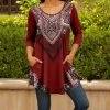 Lily | Red & White Geometric Three-Quarter Sleeve Scoop Neck Tunic - Women & Plus