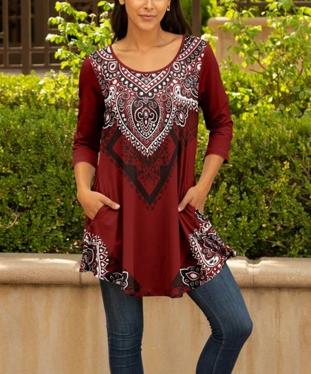 Lily | Red & White Geometric Three-Quarter Sleeve Scoop Neck Tunic - Women & Plus 1 Lily | Red & White Geometric Three-Quarter Sleeve Scoop Neck Tunic - Women & Plus