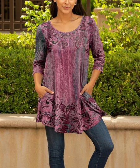 Lily | Pink & Black Floral Three-Quarter Sleeve Scoop Neck Tunic - Women & Plus 1 Lily | Pink & Black Floral Three-Quarter Sleeve Scoop Neck Tunic - Women & Plus
