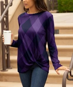Lily | Purple & Lavender Argyle Twist-Hem Long-Sleeve Tunic - Women & Plus