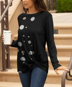 Lily | Black & Gray Dot Twist-Hem Long-Sleeve Tunic - Women & Plus