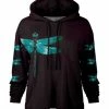 Lily | Black & Turquoise Dragonfly Chest-Pocket Drawstring Hoodie - Women & Plus