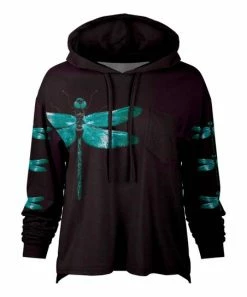 Lily | Black & Turquoise Dragonfly Chest-Pocket Drawstring Hoodie - Women & Plus