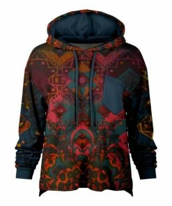 Lily | Teal & Red Abstract Geometric Chest-Pocket Drawstring Hoodie - Women & Plus