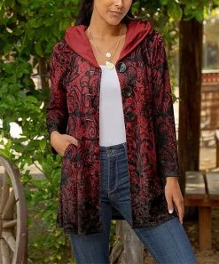 Lily | Black & Red Paisley Pocket Hooded Cardigan - Women