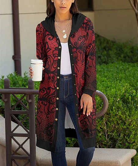 Lily | Black & Red Abstract Floral Hooded Snap-Button Cardigan - Plus 1 Lily | Black & Red Abstract Floral Hooded Snap-Button Cardigan - Plus