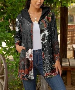 Lily | Gray & Orange Floral Pocket Hooded Cardigan - Women