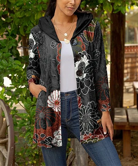 Lily | Gray & Orange Floral Pocket Hooded Cardigan - Women 1 Lily | Gray & Orange Floral Pocket Hooded Cardigan - Women