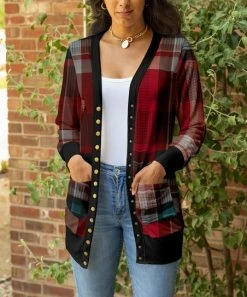 Lily | Red & Black Plaid Pocket Snap-Button Cardigan - Women