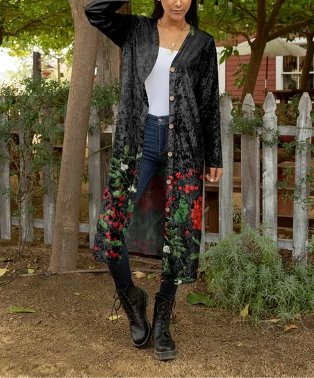 Lily | Black & Red Floral Velvet Button-Up Duster - Plus 1 Lily | Black & Red Floral Velvet Button-Up Duster - Plus