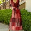 Lily | Red & Beige Abstract Tie-Waist Short-Sleeve Maxi Dress - Plus